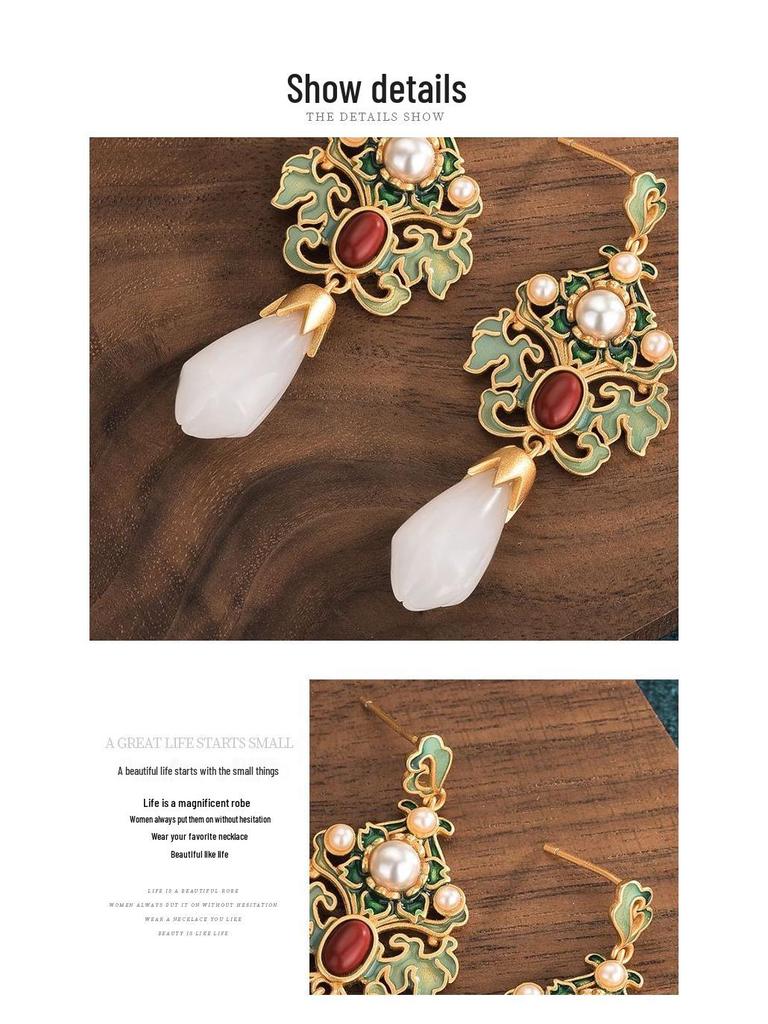 Retro Magnolia Fairy Earrings: Enamel Cloisonné & White Jade Cheongsam Style