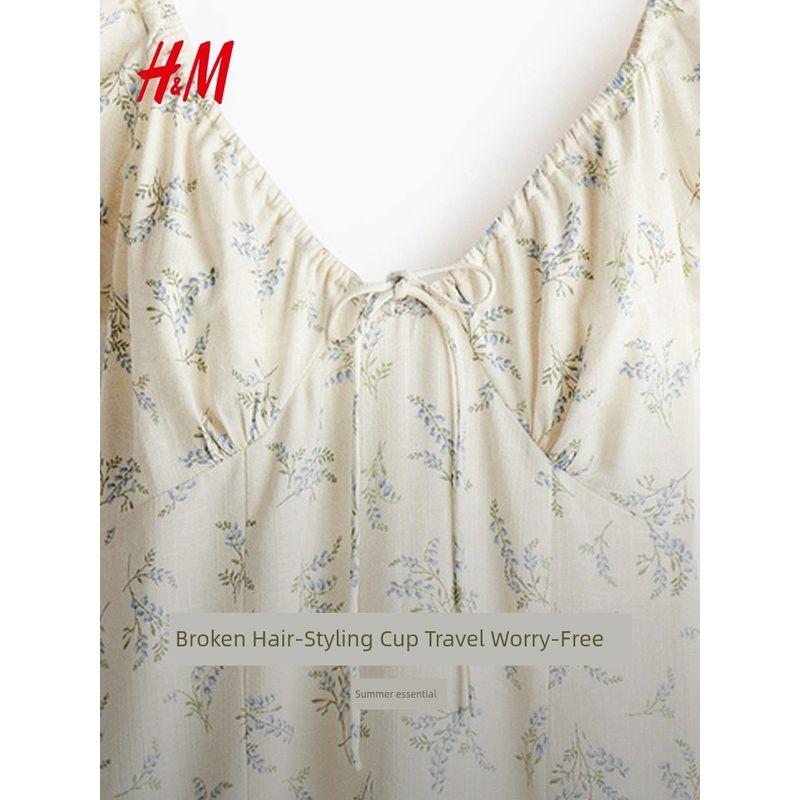 

HM Women s clothing dress 2025 Summer New French style V-neck Puff sleeve Loose Plant Print Long dress 1269443 Cream/Florals 001 150/76(XXS)
