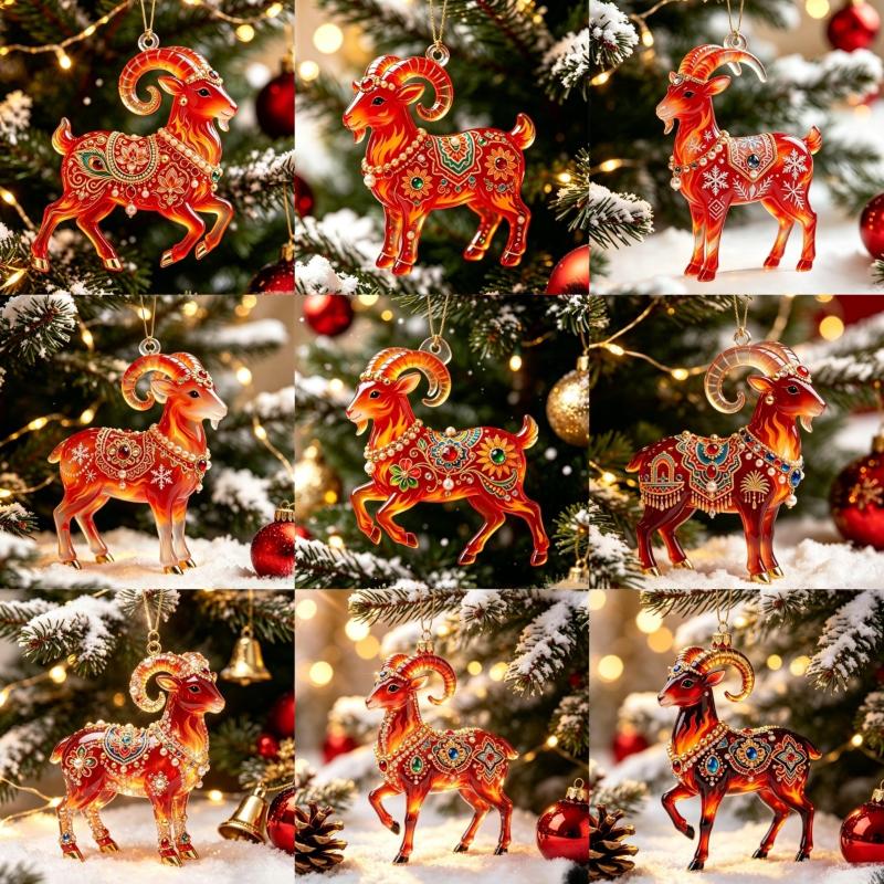2D Acrylic Goat Christmas Tree Pendants Cute Animal Sheep Hanging Ornaments For Xmas Tree Decor Party Supplies  Year Gifts