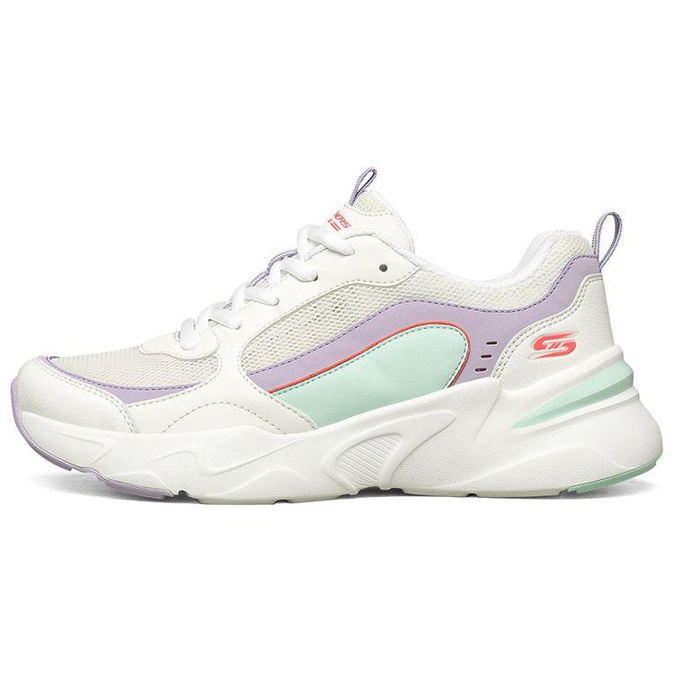 Skechers Women's White/Purple/Blue Bobs Bamina Macaron Fabric Synthetic Leather Comfortable Versatile Low-Top Dad Shoes Sneaker 117042-Wlvm Cm