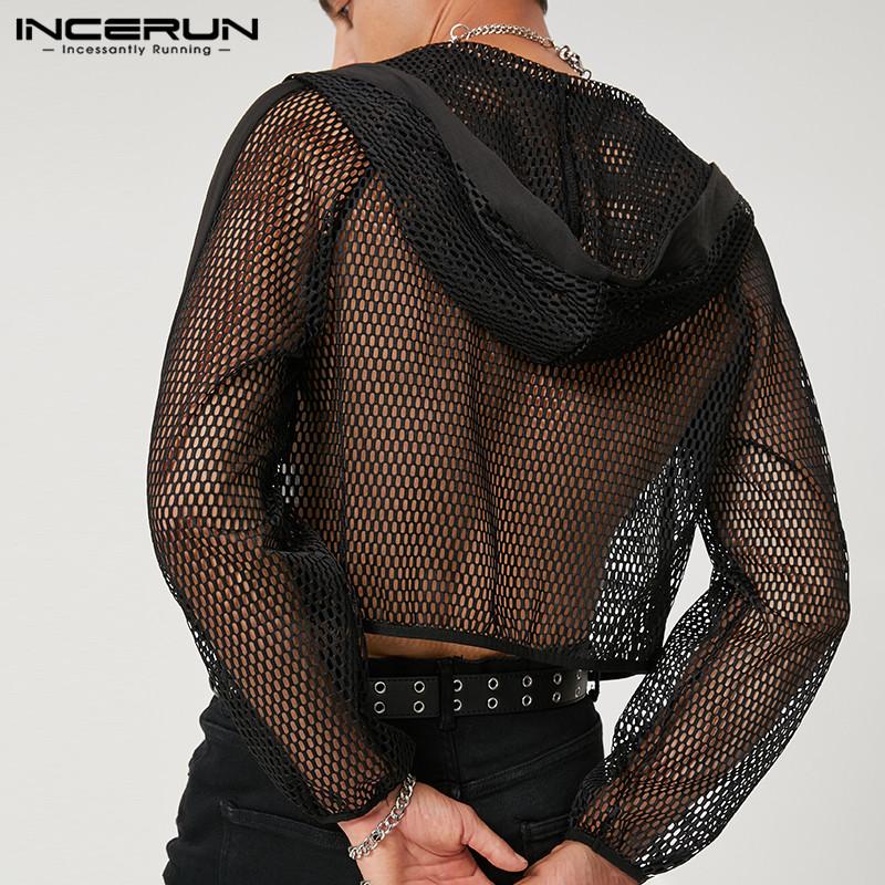 INCERUN Sommer-Herren-Mesh-Crop-Top mit Kapuze, durchsichtig, durchsichtig