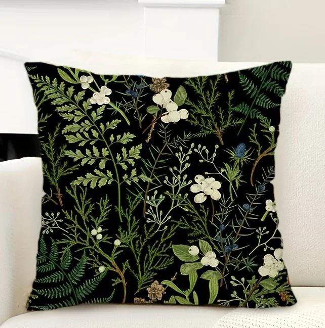 Botanical Floral Throw Pillow Cover, Vintage Sage Green Botanical Decorative Linen Cushion Cover, Modern Country Stylec, 30x30cm