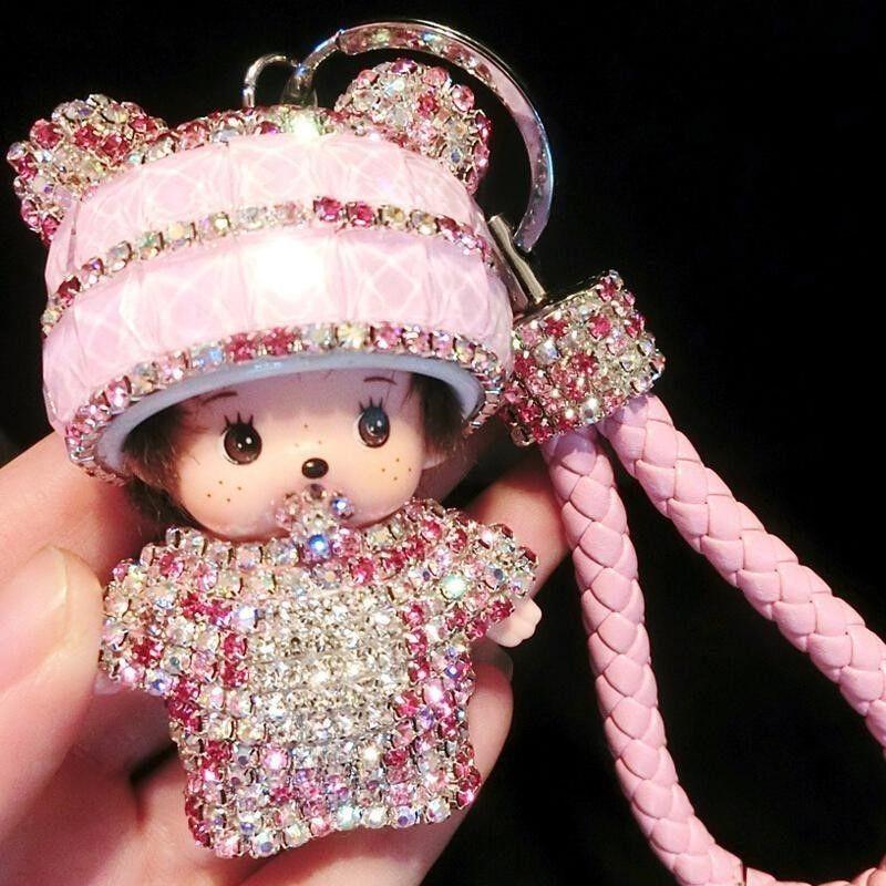 Cute Cartoon Furry Crystal Keychain Monkey Style Key Ring For Girls