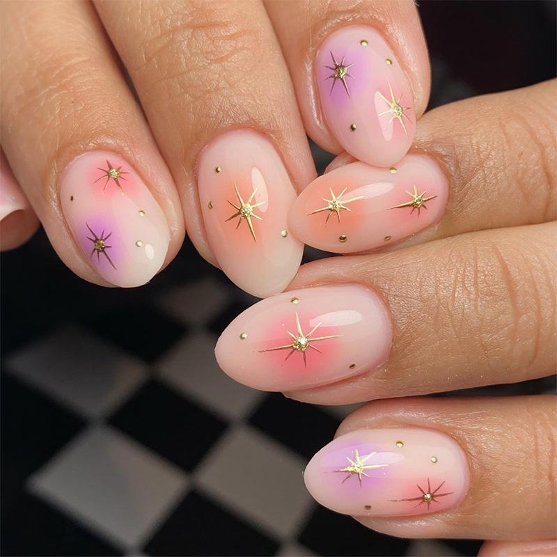 24PCS 3D Golden French False Nails Pink Blush Gradient Simple Star Patterns Press On Nails Sweet Almond Fake Nails Wearable Tips