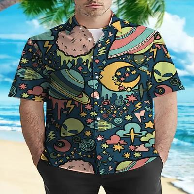 Herrenmode Planet Alien Muster Bedrucktes Kurzarmhemd Leichte Polyesterfaser Button-Down-Kragen Geeignet für Sommer-Freizeitkleidung