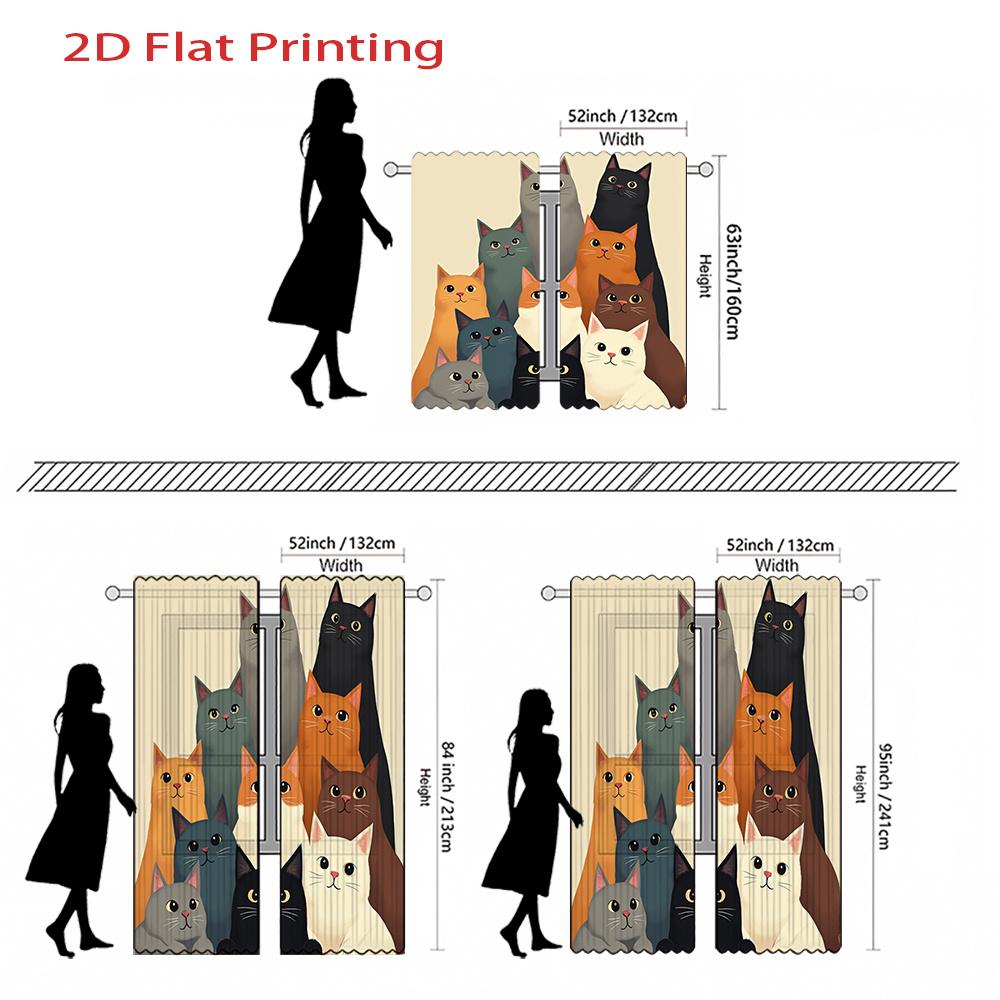 2D Flat, 2Pcs, 2D Flat Printing Curtains, Multicolored Cats Pattern. Home Decor Animal Themed Soft Colorful Rod Pocket Sheer Fab