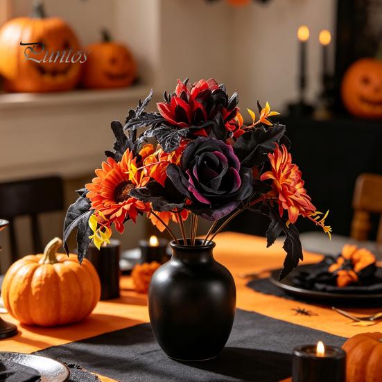 Fall Floral Arrangement Halloween Artificial Flower, Faux Sunflower Rose Bouquet with Black Harvest Party Decoration Maple Leaves, Autumn Fake