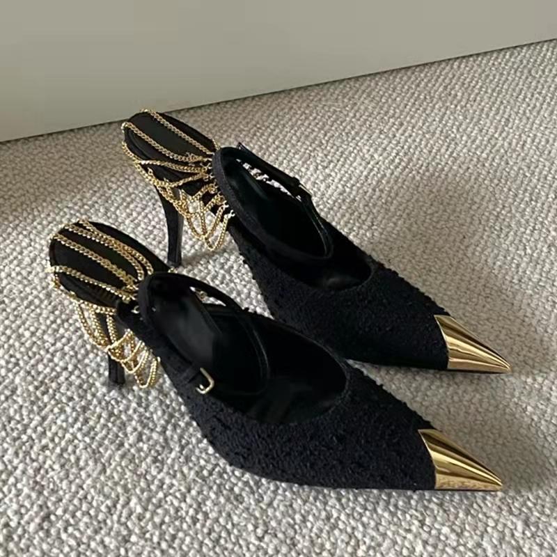 Fashion Star style Fashion Metal Chains Women Pumps Elegant Pointed toe Ankle Strap High heels Spring Summer Female Party Dress Shoes