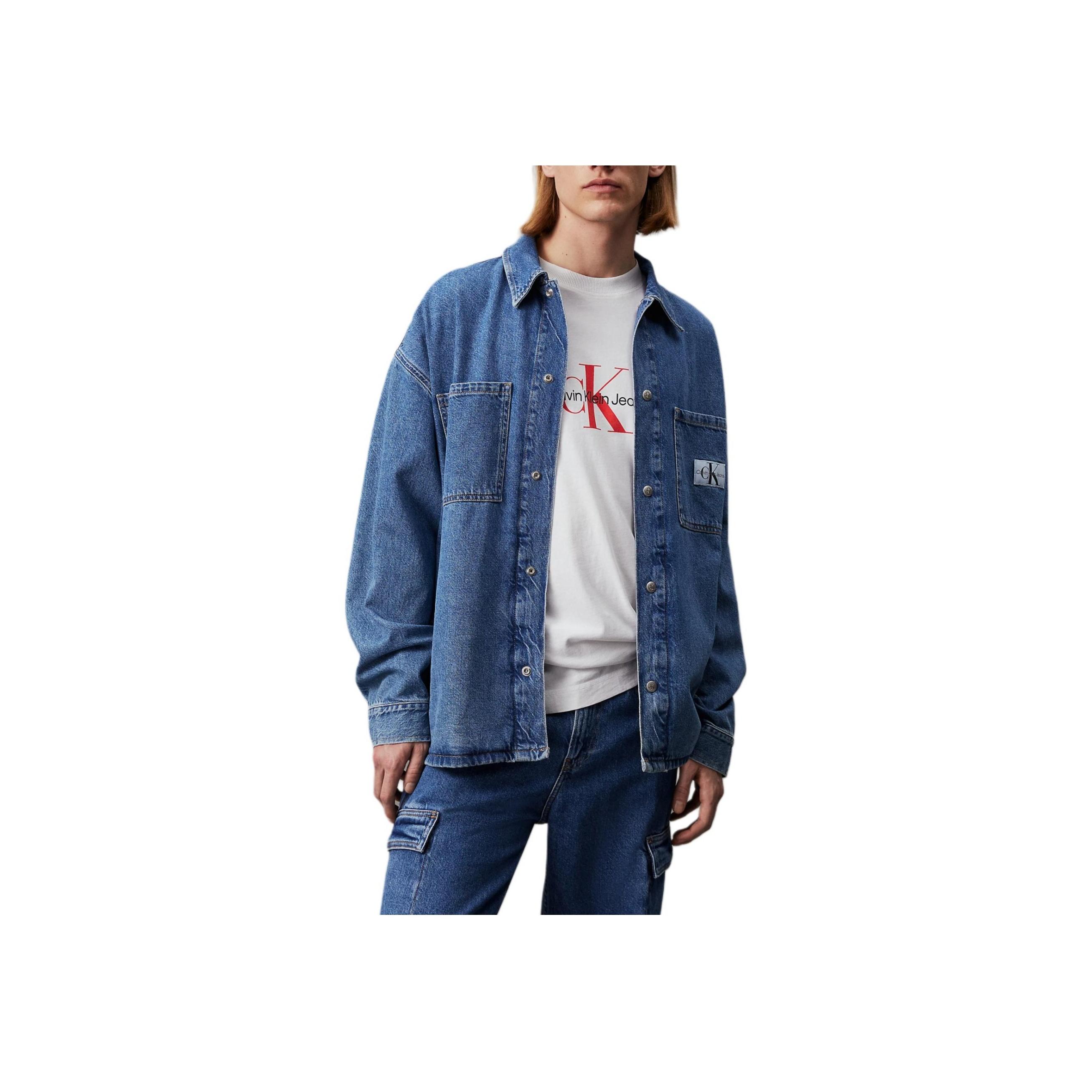 

Calvin Klein Джинсовая куртка без подкладки с острым воротником из жесткого хлопка для мужчин, куртки средне-синего цвета J30J324865-1A4 M