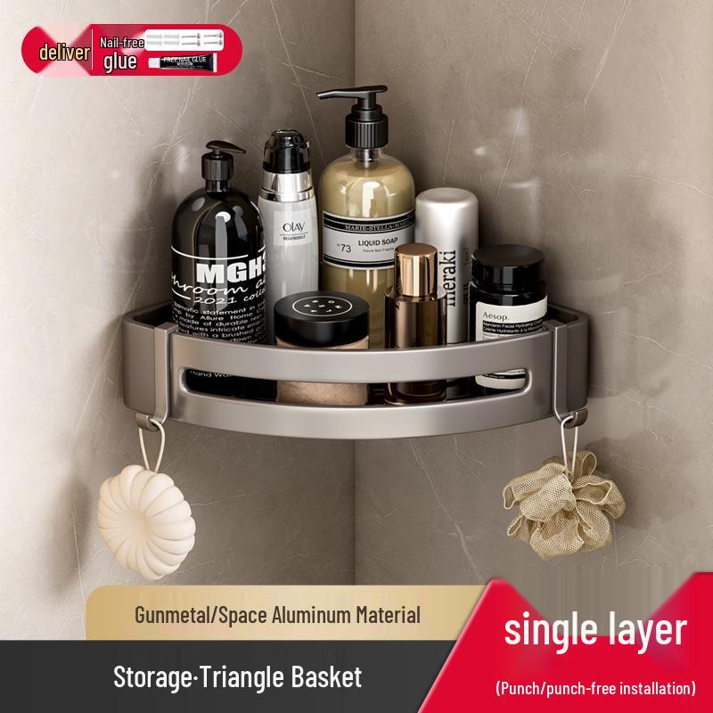 Gunmetal No-Drill Triangular Bathroom Shelf - Space Aluminum Corner Storage Basket