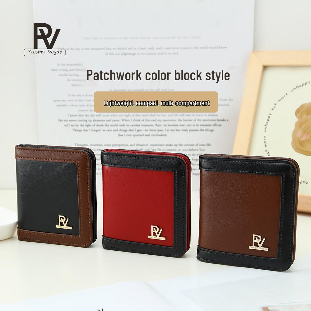New Women's Lightweight Calfskin Wallet - Patchwork Color Block Design, Multi-Card Slots, Portable & Versatile.