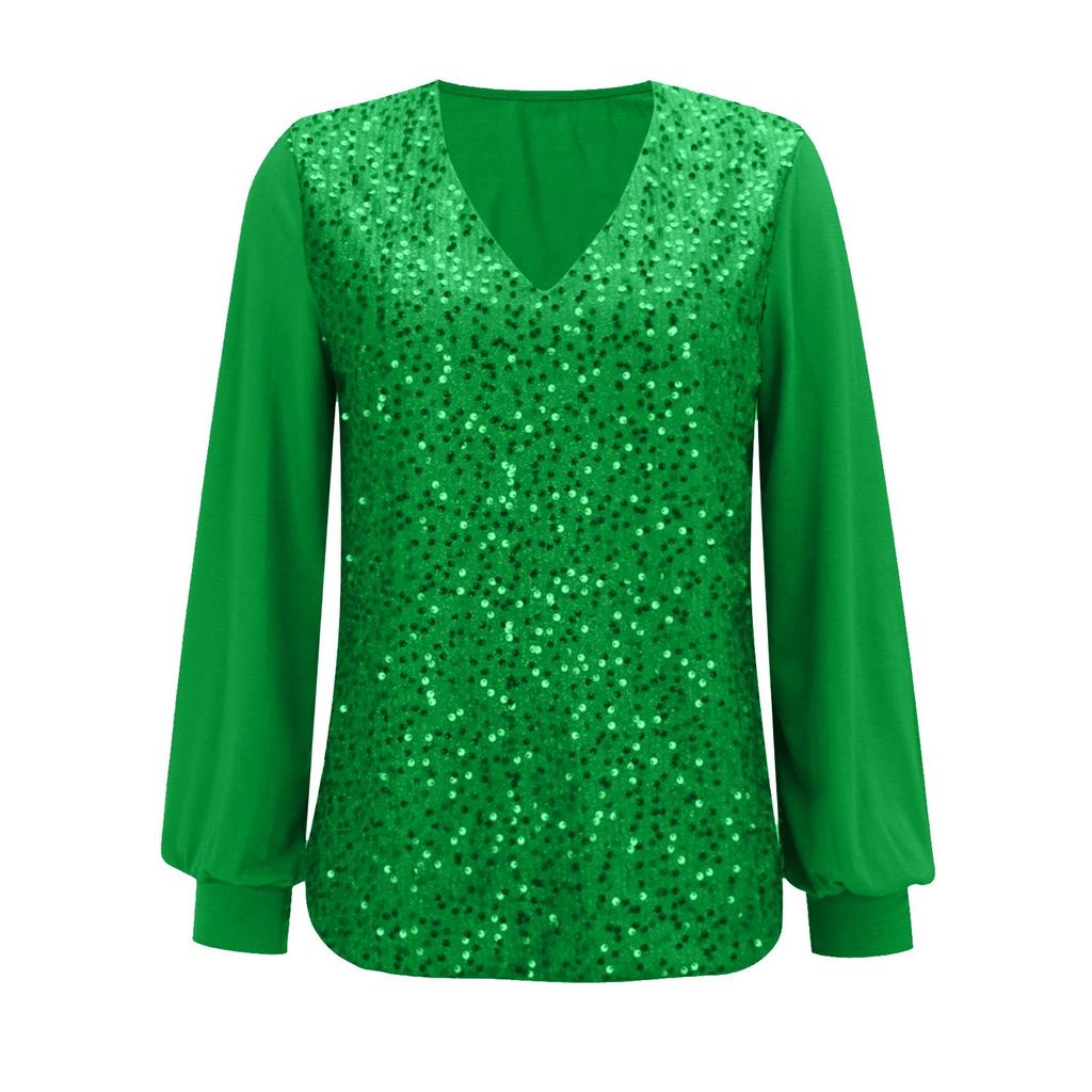 Top con paillettes da donna, scollo a V, bluse luccicanti con glitter, ampie, a maniche lunghe, per le feste serali, lucide, eleganti