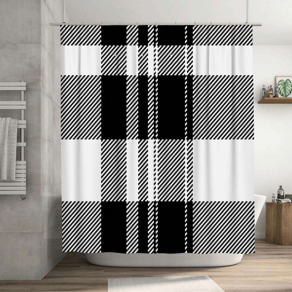 Black and White Plaid Shower Curtain Waterproof Bathroom Decor Modern Style Bath Mat Curtains with Grommets Hooks Set