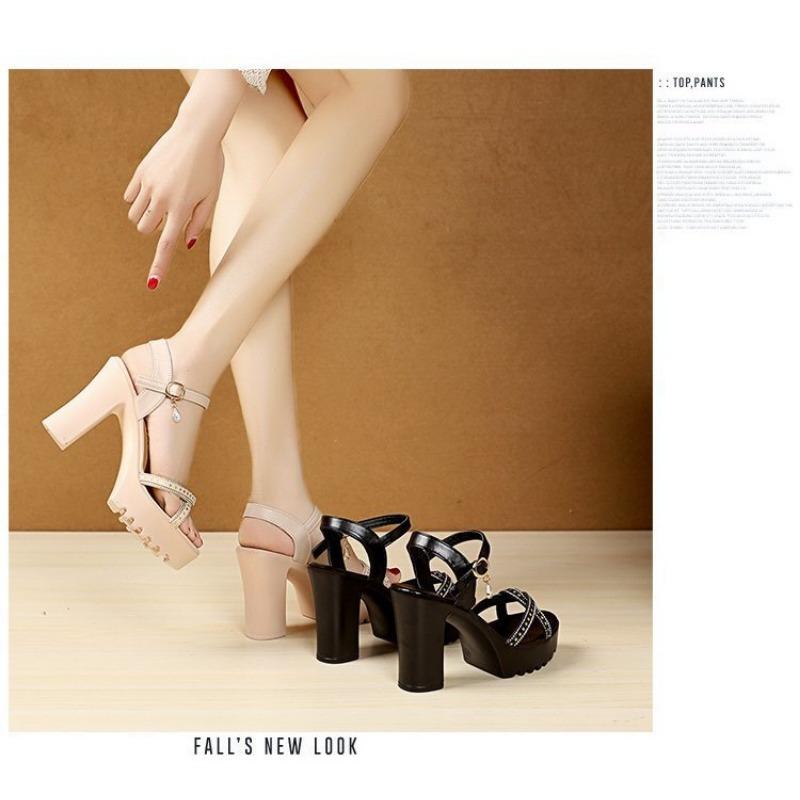 Shining Rhinestone Thick Heel High-heeled Sandals for Women's Summer New Comfortable and Simple Buckle Fashion Sandals