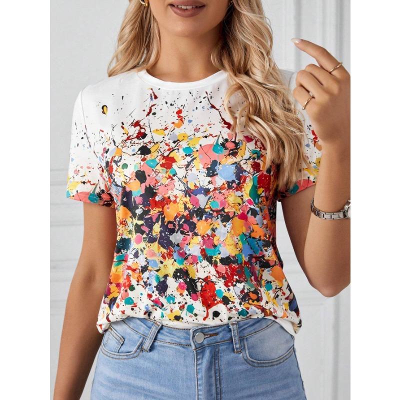 Summer Round Neck 3D Colorful Paint Splatter Print T-shirts Fashionable Casual Short Sleeved Women's T-shirts
