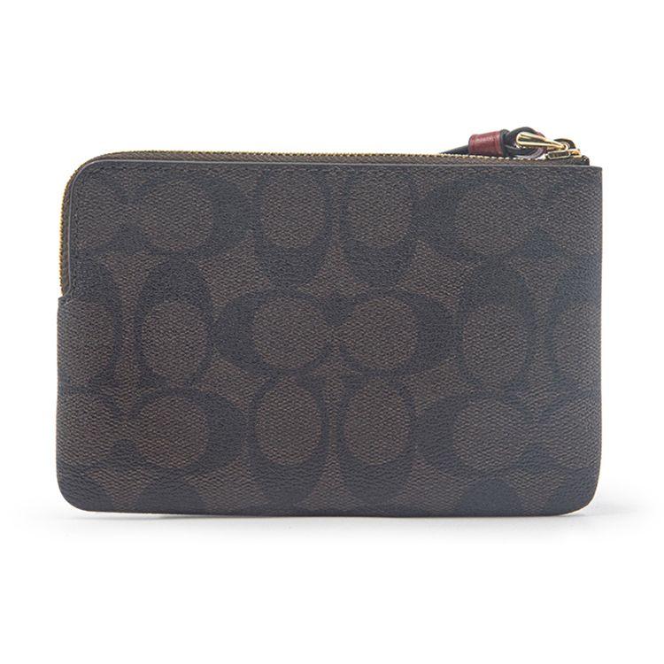 Coach Corner Zip Monogram Canvas And Leather Wristlet Clutch Coin Purse Women Wristlet Dark-Brown Red 58035-IMRVQ
