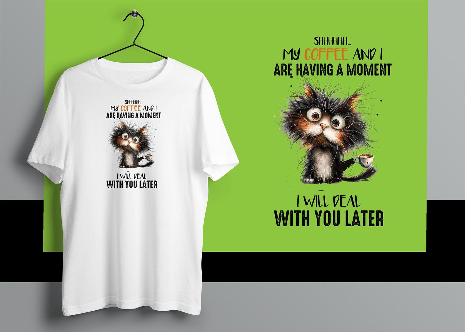 Funny Cat & Coffee Graphic T-Shirt: Whimsical Animal Print L