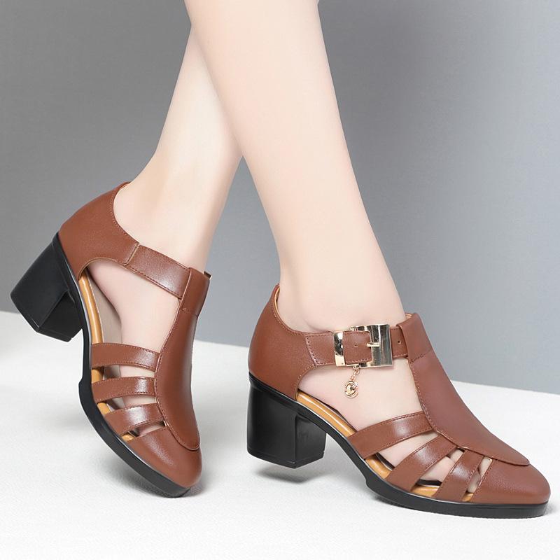 Fashion GKTINOO Genuine Leather Shoes Gladiator Sandals For Women Large Size Non-slip High Heel Sandals Summer Ladies Shoes