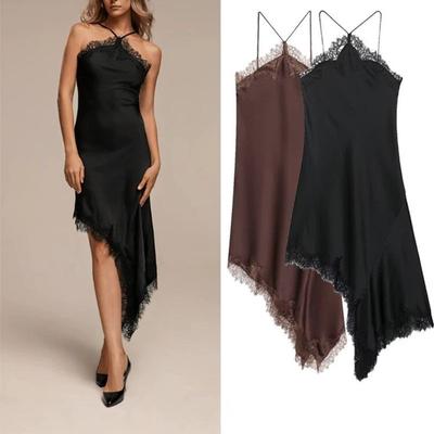 Cross-Border Foreign Trade 2026 European and American Style Fashion Women's New Lace-Trimmed Silk Satin Texture Irregular Strap Dress