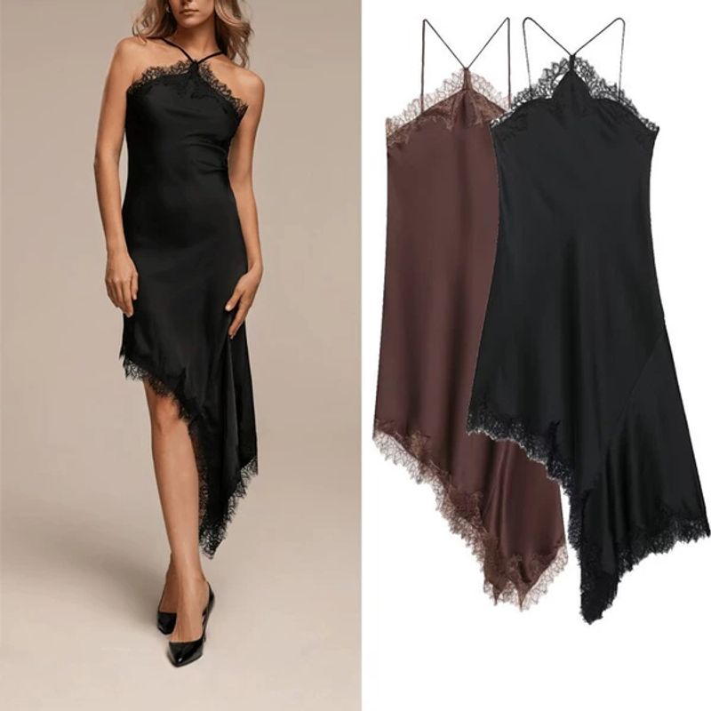 Cross-Border Foreign Trade 2026 European and American Style Fashion Women's New Lace-Trimmed Silk Satin Texture Irregular Strap Dress