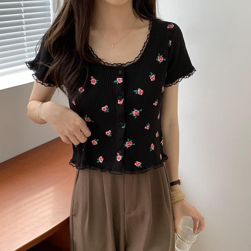 

Футболка с короткими рукавами в стиле ретро, женская, летняя, нежная, с мелкими цветами, с открытым пупком, повседневная, удобная, в стиле Slim Fit, пуловеры, футболки One Size чёрный