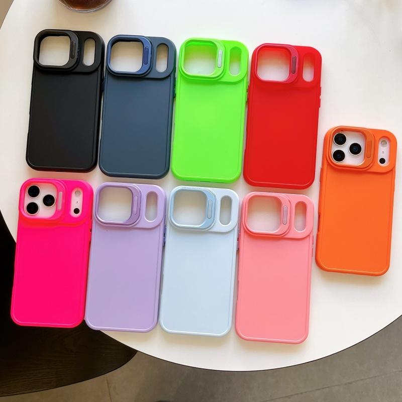 Fashion Fluorescent Candy Color Hide Lens Stand Phone Case For iPhone 17 Air 16 E 15 14 13 Pro Max Plus Bracket Anti-fall Cover