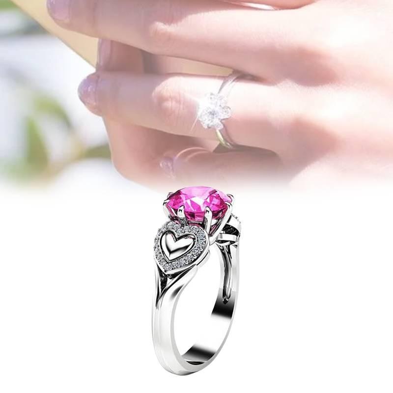 Bague Tendance en Forme de Cœur avec Cristal Zircon Rose et Anneau Réglable Plaqué Argent pour Femmes