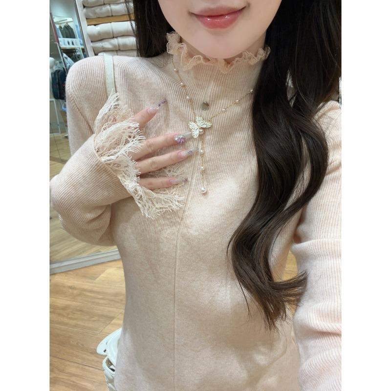 High-end elegant semi-turtleneck knitted sweater women's lace splicing top autumn and winter new flared sleeve inner bottoming shirt