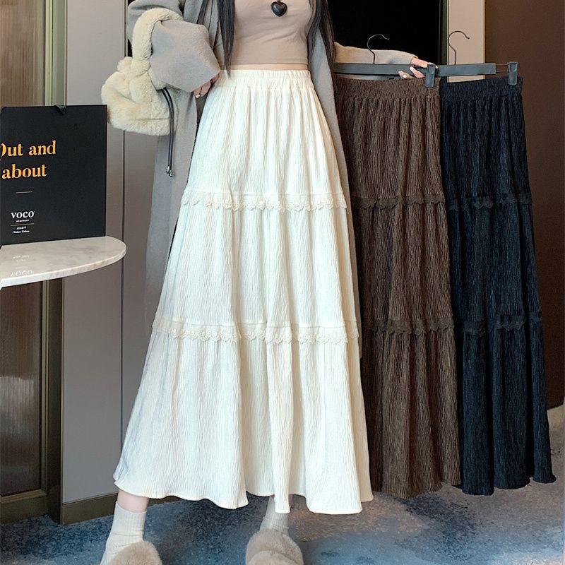 Women's Spring/Summer Lace Corduroy Pleated Midi Skirt
