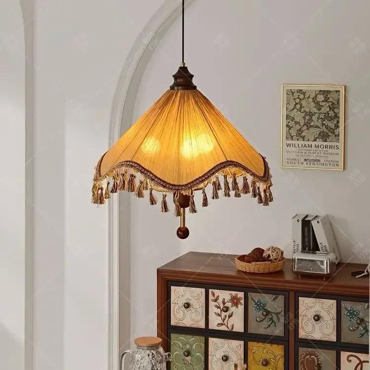 Retro Fabric Pendant Light Tassel Ceiling Chandelier Led Hanging Lamp for Bedroom Living Room Dining Table Decor