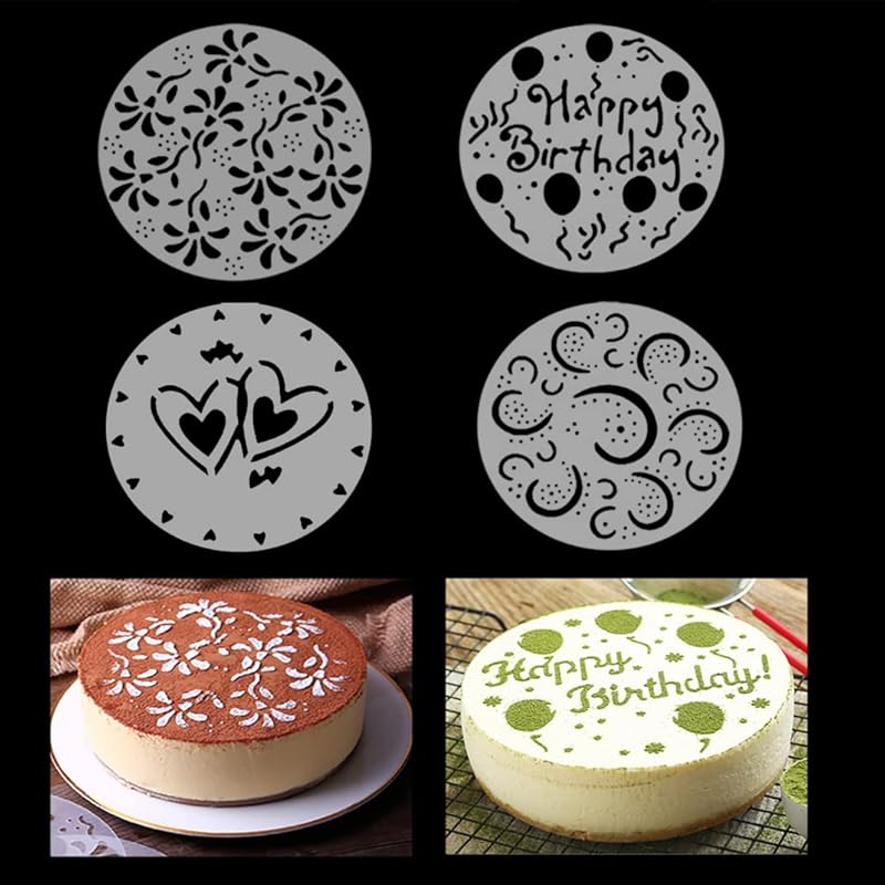 iSuperb 4 Pieces Cake Top Stencils Cookie/Cake Decorating Painting Templates Baking Tool for Cupcake Wedding Cake Fondant Impression, Wedding 4 Cake Stencils