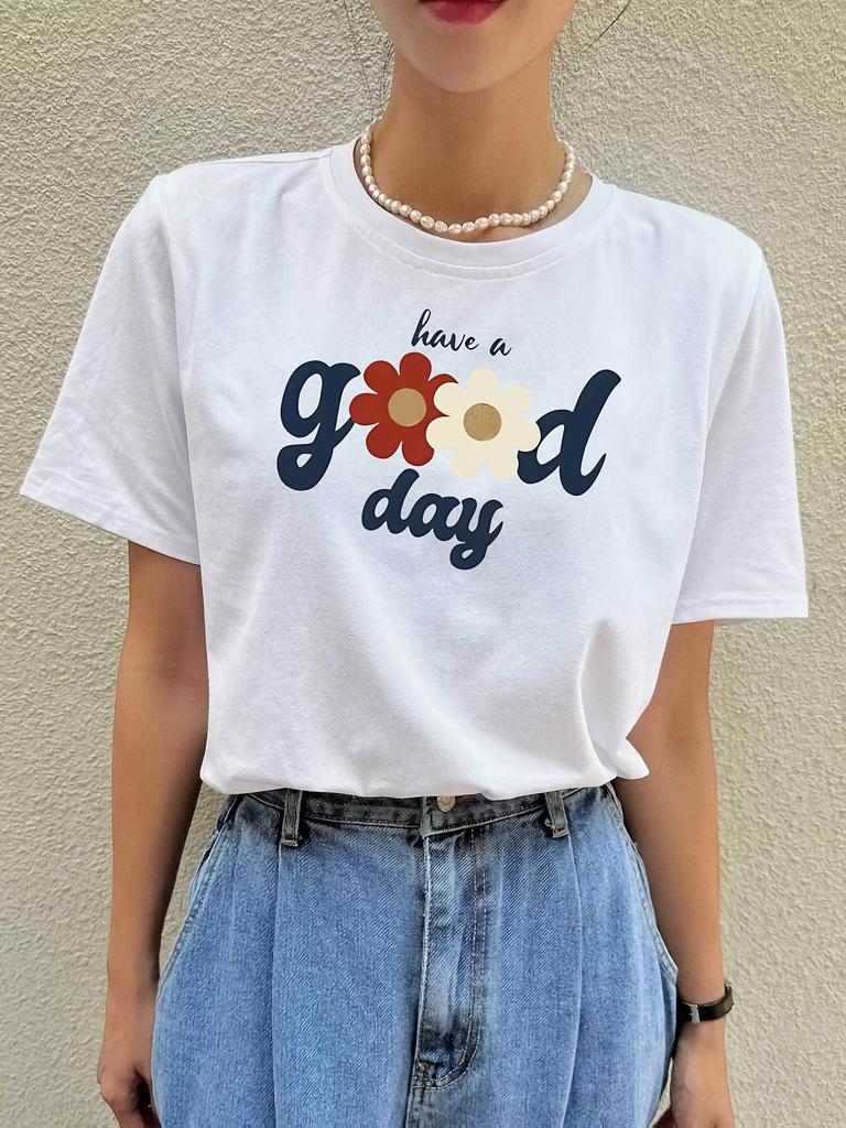 Round Neck Simple Breathable Short Sleeve TShirt Floral Print Korean Style Womens Fashion Casual Fit Summer