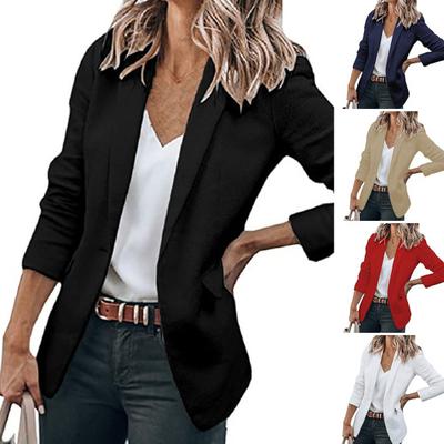 Long Sleeve Flap Pockets Single Button Office Ladies Blazer Autumn Winter Solid Color Lapel Suit Jacket Workwear