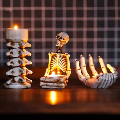 Halloween Candle Holder Resin Skeleton Hand Skull Backbone Candlestick Stand Tealight Holder