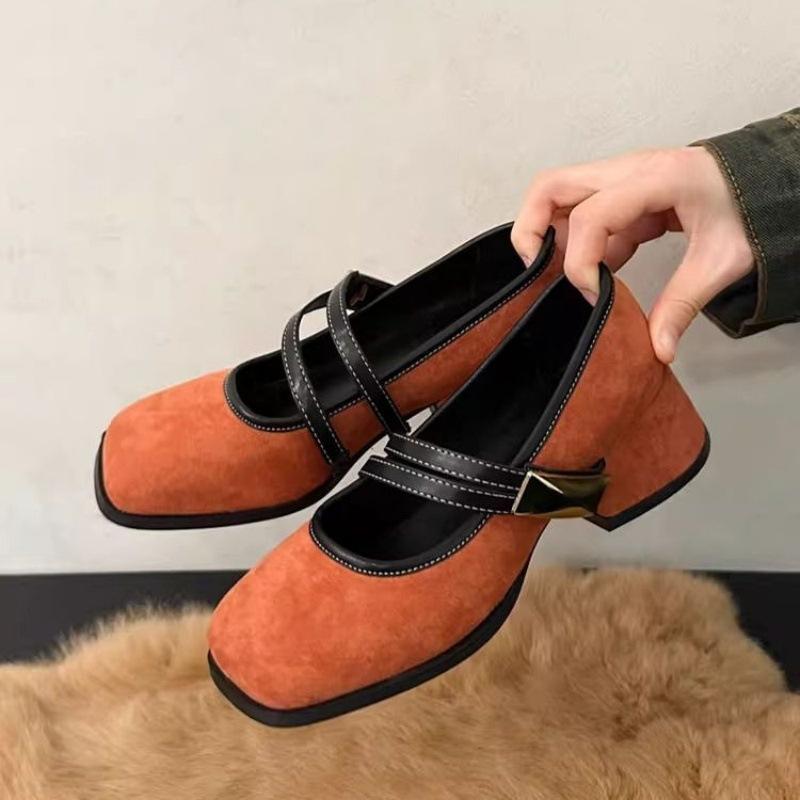 2025 spring new retro square head shallow mouth Mary Jane shoes versatile niche word with thick heel single shoes high heels