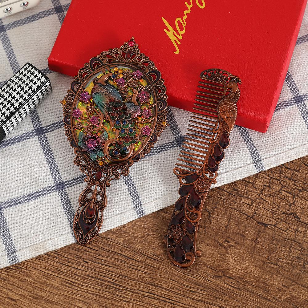 1set Vintage Peacock Makeup Mirror and Comb Women Portable Handheld Travel Vanity Mirror Elegant Retro Design