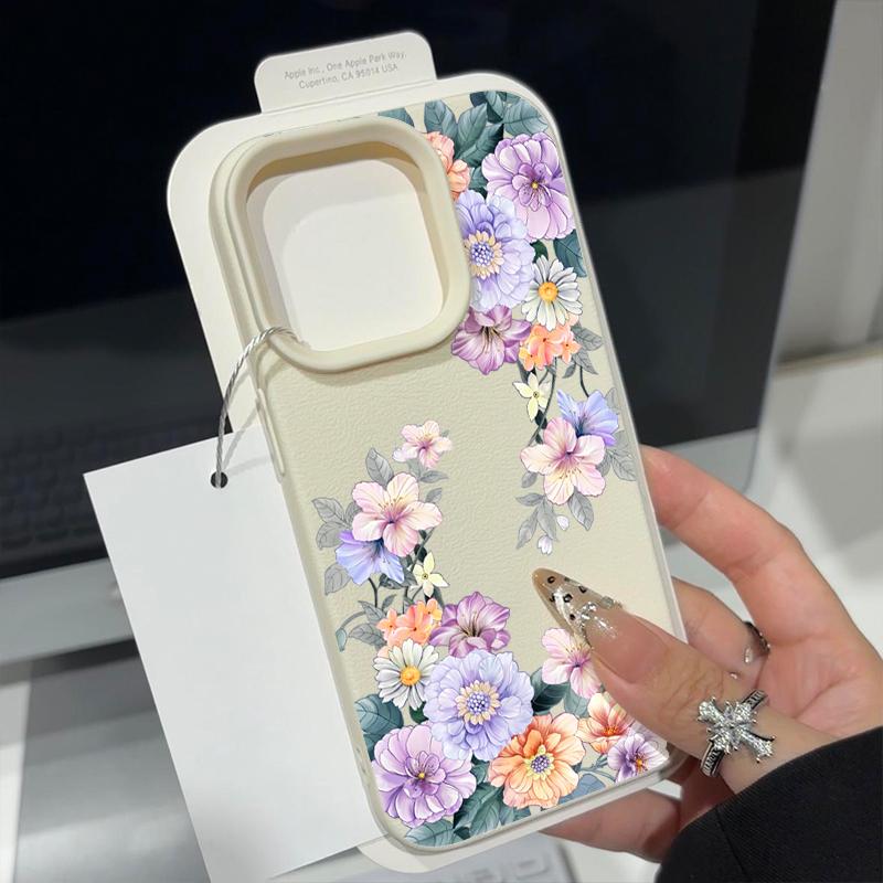 Fashion Floral Pattern TPU Soft Shockproof Case For iPhone 16 Pro Max 15 14 Pro 13 12 11 Leather Texture Matte Slim Phone Cover