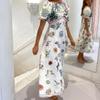 Summer Casual Puff Short Sleeves Dresses for Female Plant And Flower Prints Dress Round Necked Dress Women's Fashion High Waist Dress Beach Dress