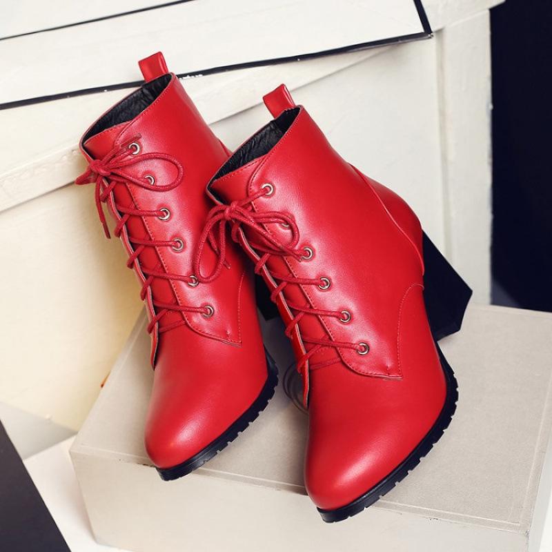 Autumn and winter new Martin boots women's lace-up high heel round head large size women's boots square heel comfortable Korean version low boots wome