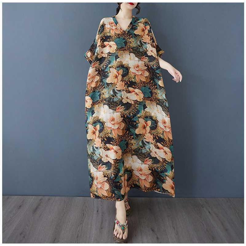 Women's Vintage Long Dress with Cotton and Linen Patterns