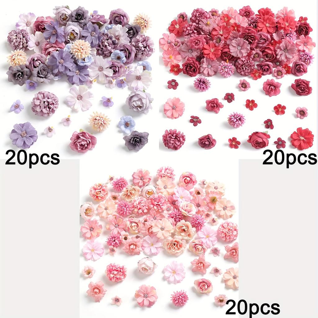 60Pcs Mix Artificial Flowers Head Silk Rose Fake Flowers for Home Room Decor Wedding Decoration Craft Gifts Wreath Accessories