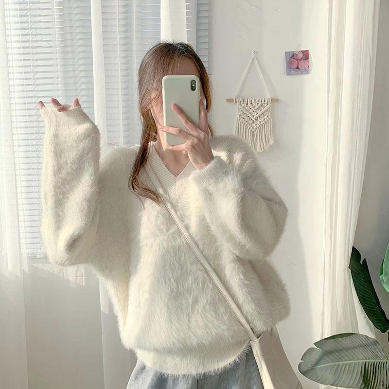 Svetry s výstřihem do V Imitace norky Ženy Pletené svetry zahuštěné Dámské Podzim Zima Teplé Jednobarevné Volné Ležérní svetry