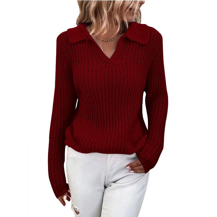 V Neck Turn-Down Collar Long Sleeve Knitted Sweater Autumn Winter Solid Color Slim Sweater Jumper Female Clothing