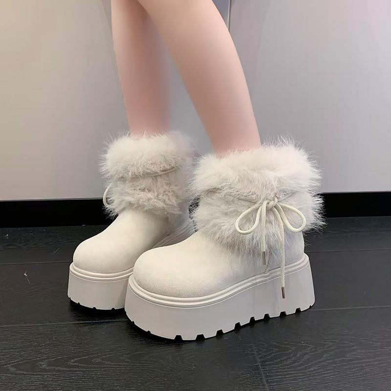 Women's thick bottom hairy mouth butterfly lace fashion winter lightweight warm anti cold snow boots non-slip casual sneakers cotton boots