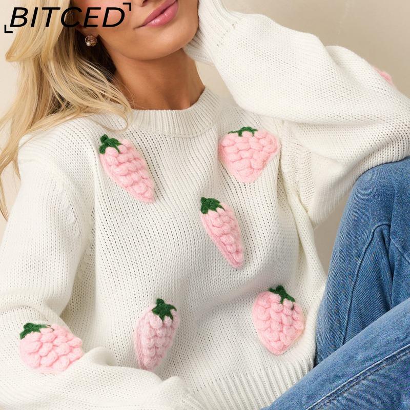 BITCED Pulover de toamnă/iarnă dulce cu model 3D de căpșuni, pulover pentru femei, top tricotat elegant cu mâneci lungi