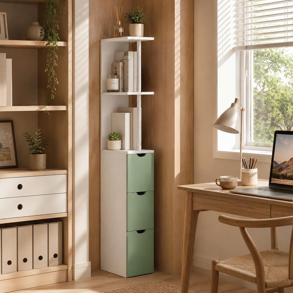 Slim Bathroom Storage Cabinet, Tall Bathroom Floor Cabinet with 2-Tier Shelf and 2 Drawers, White and Light Green