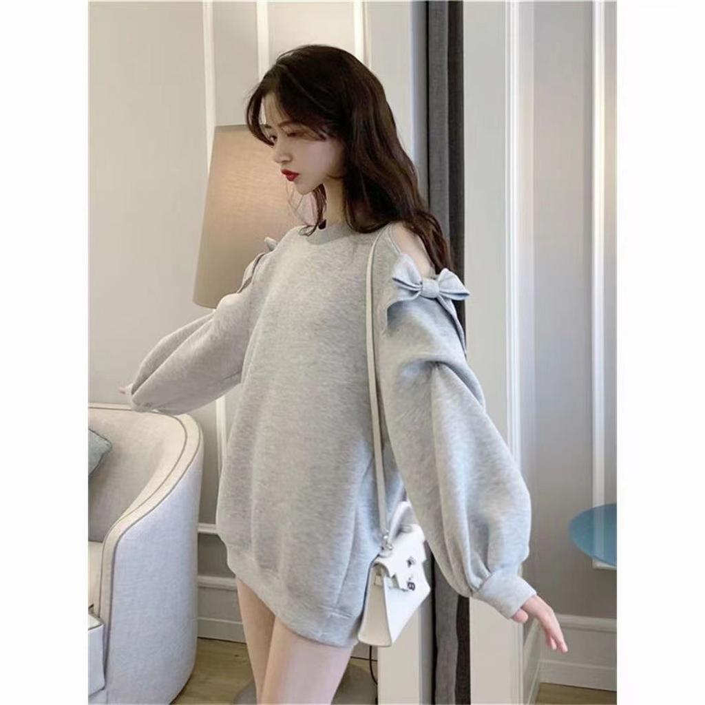 Bow Long Sleeved Off Shoulder Hoodie for Women Thin Hooded Spicy Girl Mid To Long Length Top