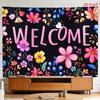 2D Flat, [2D Plane Printing] 1 Large Size/small Size Pattern Printed Tapestry- Floral Design, Vibrant Flowers, Welcome Sign, Colorful, Black Backgroun