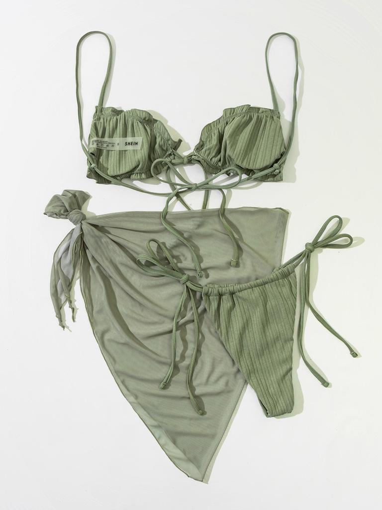 Neuer Damen einfarbiger Neckholder-Bikini 3-teiliges Set - High-Waist Mesh Split Badeanzug