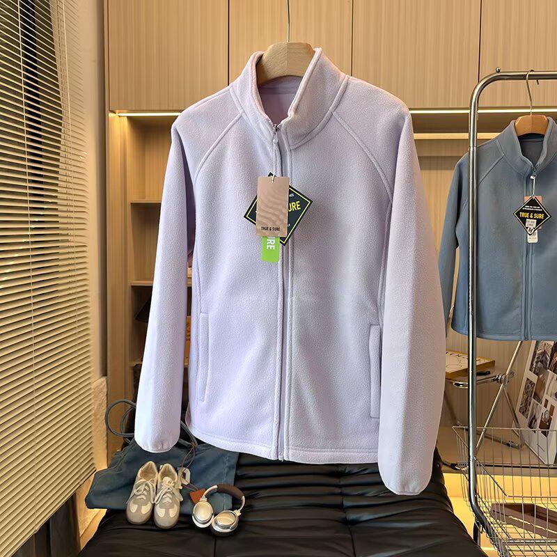 Damska Kurtka Sherpa z Polarowym Podszyciem w Górskim Stylu Outdoor z Kołnierzem Stojącym - Dwustronna, Pogrubiona, Ciepła, Codzienna Odzież Wierzchnia